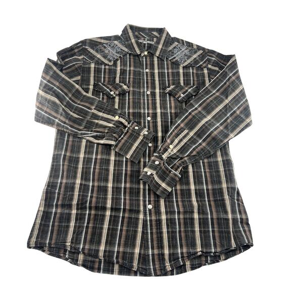 Manchester Ltd Shirt Mens Large Black Brown Plaid Pearl Snaps Button Casual Work - Picture 1 of 11
